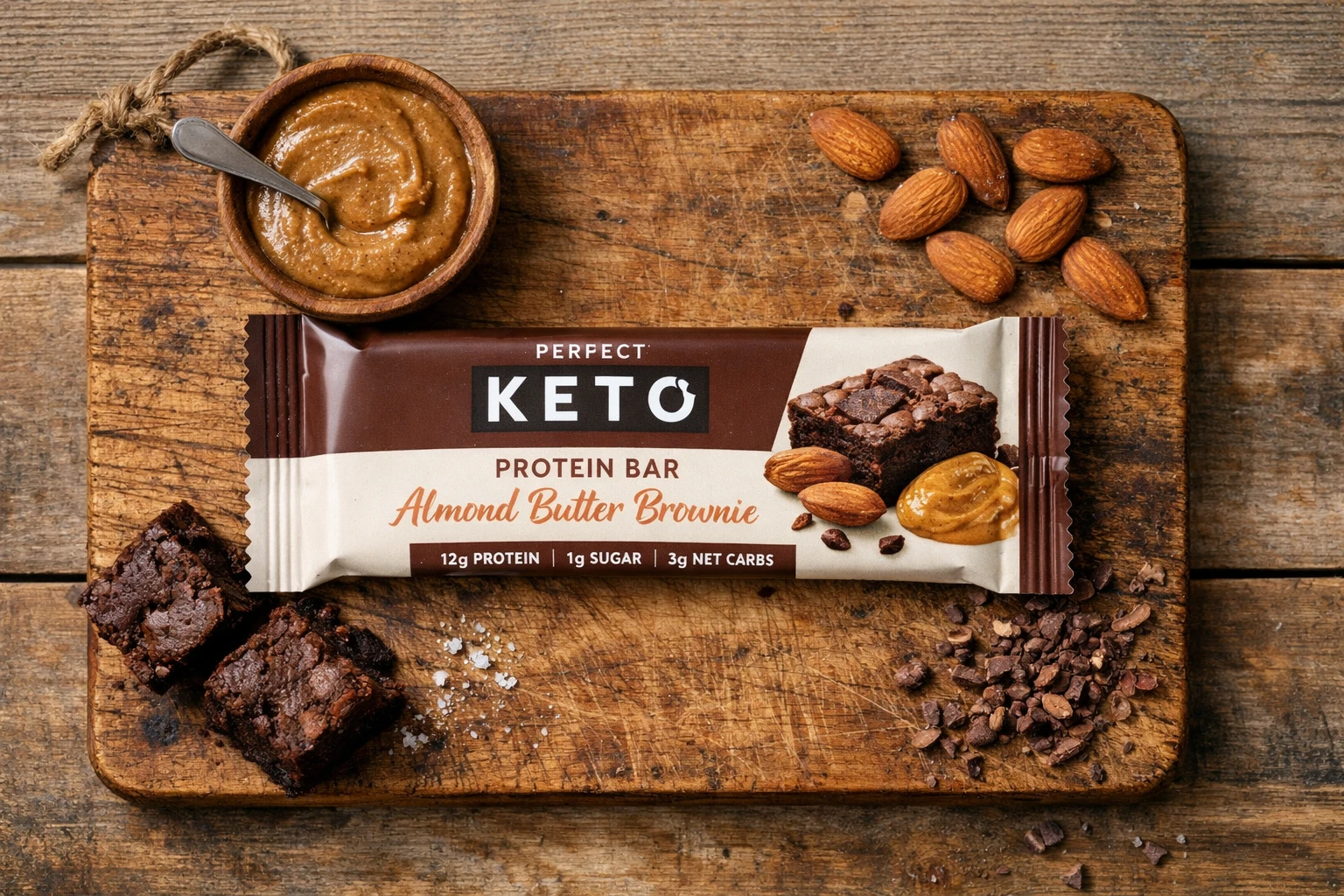 लकड़ी की टेबल पर ताजा Perfect Keto almond butter brownie bar - प्रति बार 230 कैलोरी