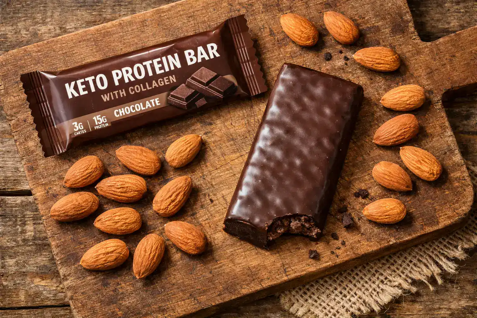 Perfect Keto Collagen Bar on rustic wooden table - 230 calories per bar