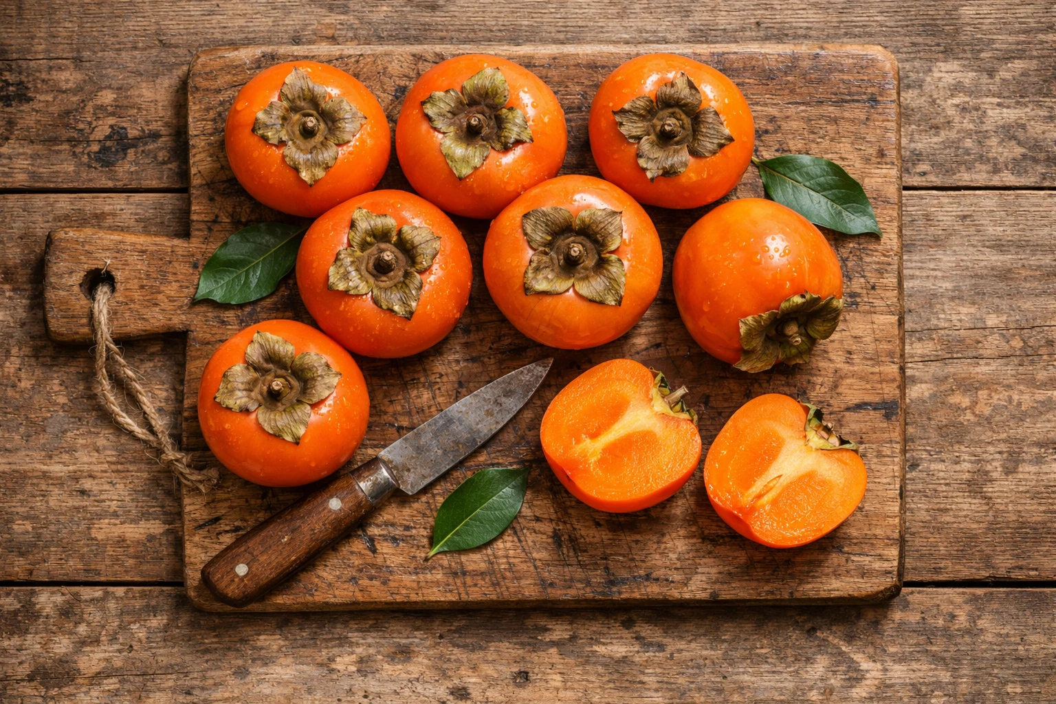 Caqui fresco sobre mesa de madera rústica - 70 calorías por 100g