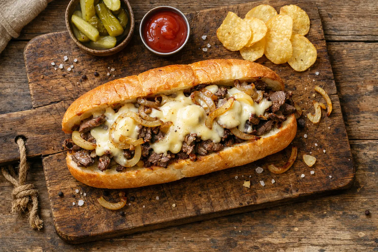 Fresh Philly cheesesteak on rustic wooden table - 530 calories per sandwich