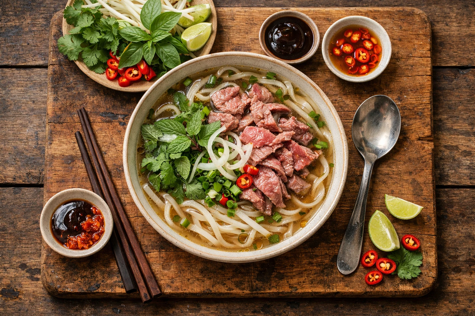 Fresh Vietnamese beef pho on rustic wooden table - 450 calories per bowl