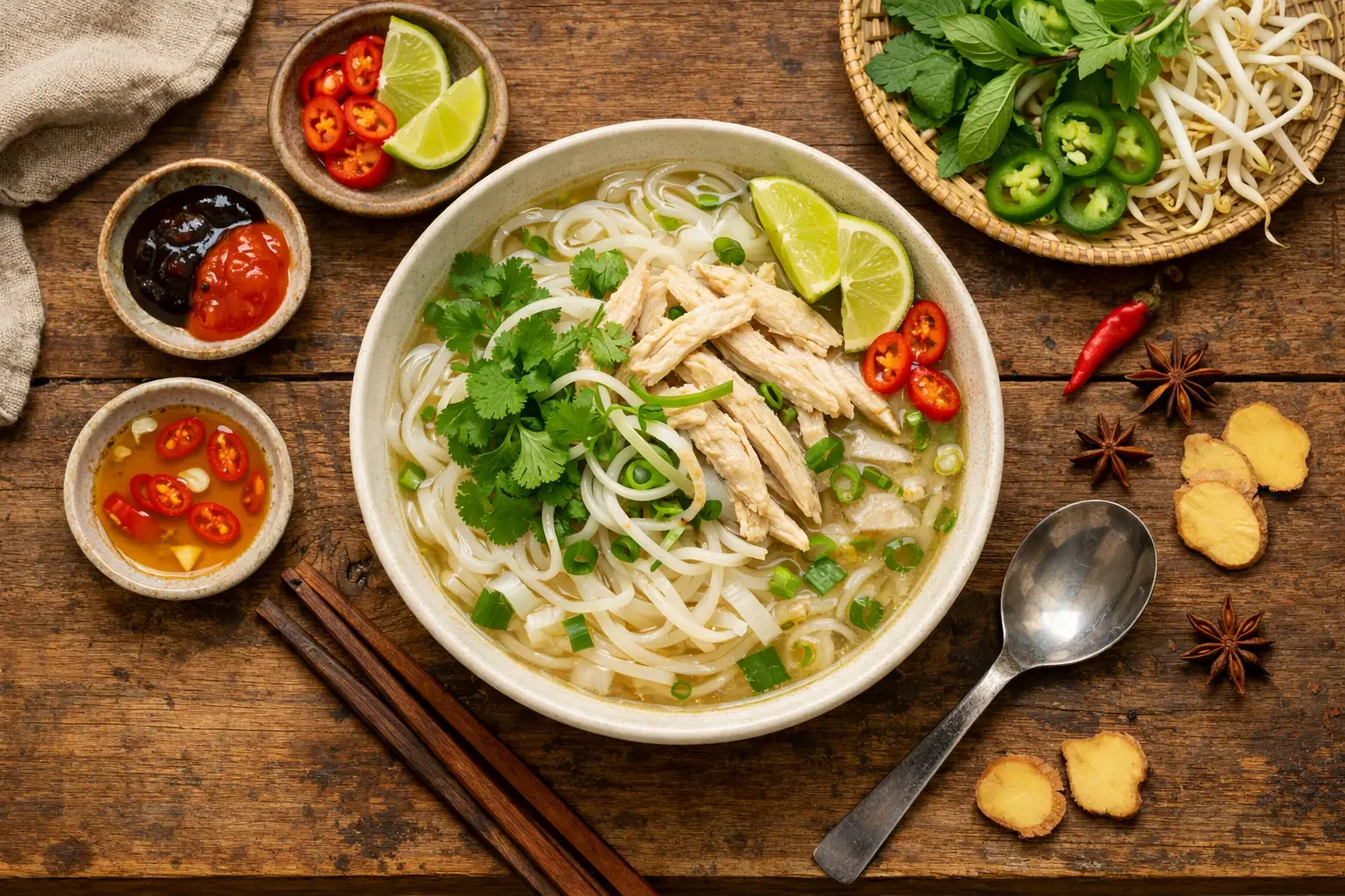 Pho ga fresco, sopa vietnamita de fideos con pollo en mesa de madera rústica - 380 calorías por tazón