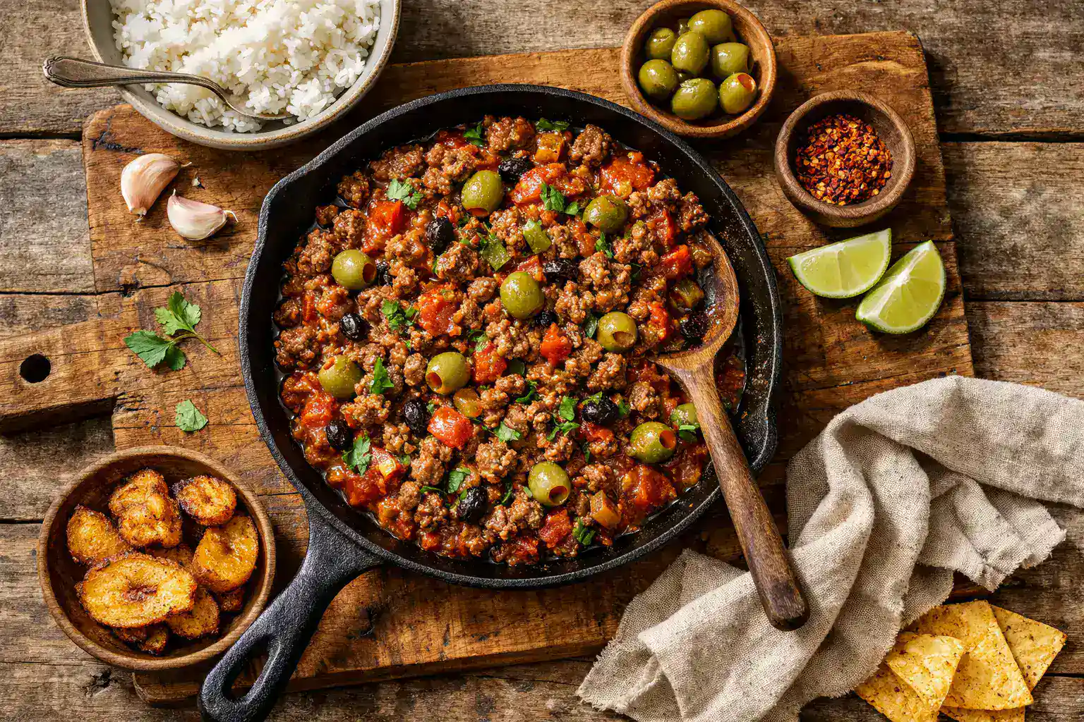 क्यूबन पिकाडिलो ग्राउंड बीफ हैश जैतून और टमाटर सॉस के साथ - 280 कैलोरी प्रति सर्विंग