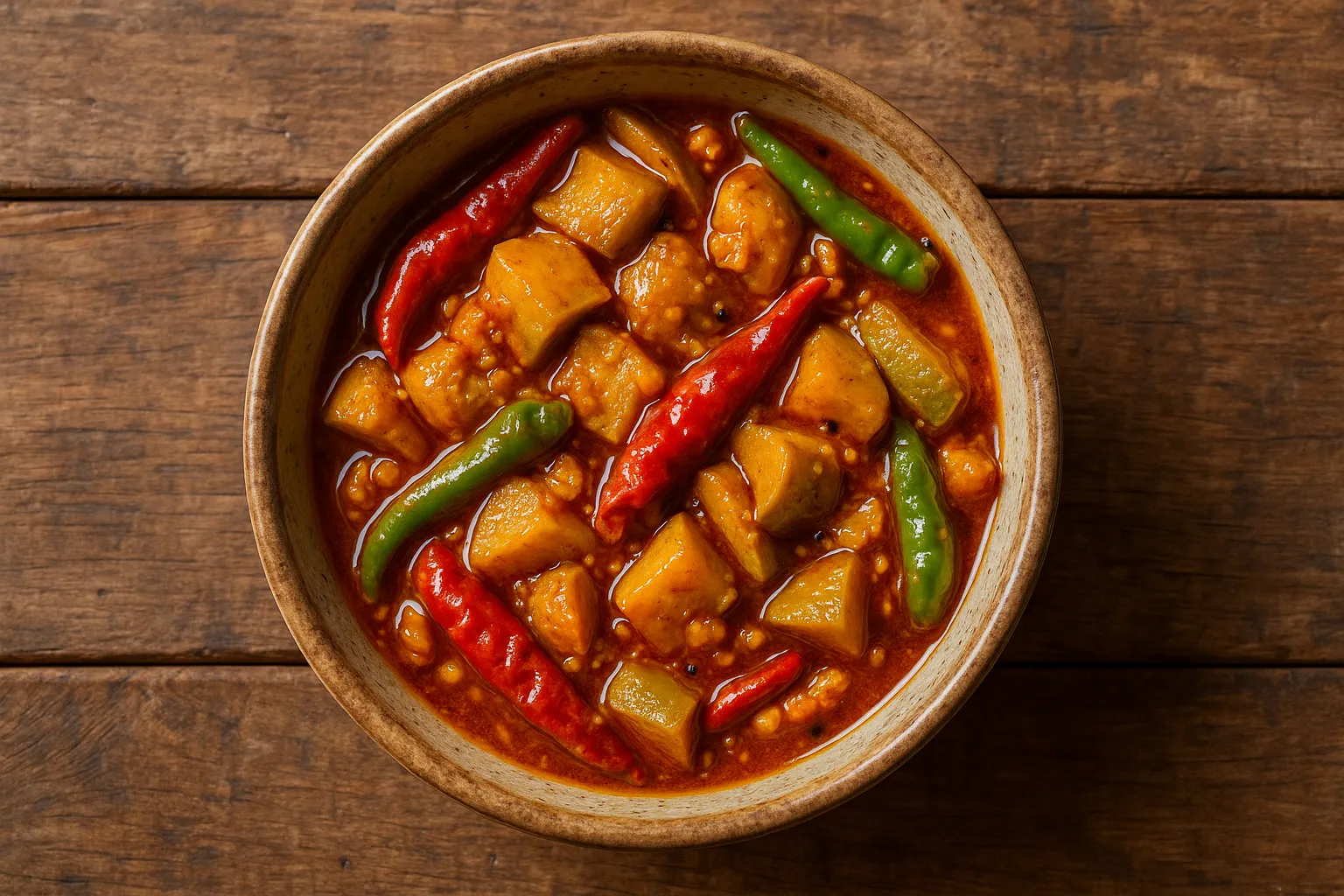 Fresh Indian mixed pickle on rustic wooden table - 80 calories per 100g