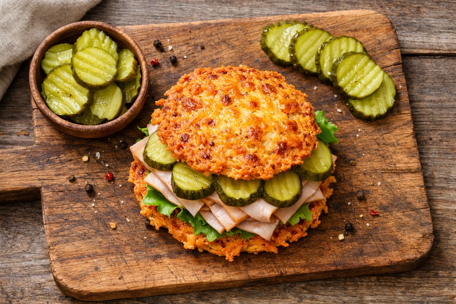 Keto pickle bread sandwich with crispy cheddar buns on wooden board - 350 calories per sandwich