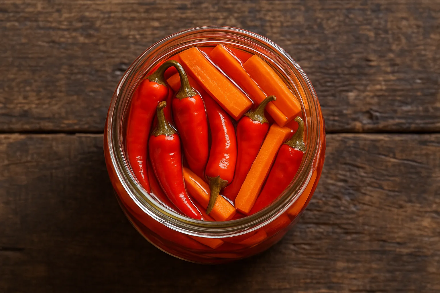 Fresh pickled chili and carrot on rustic wooden table - 25 calories per 100g