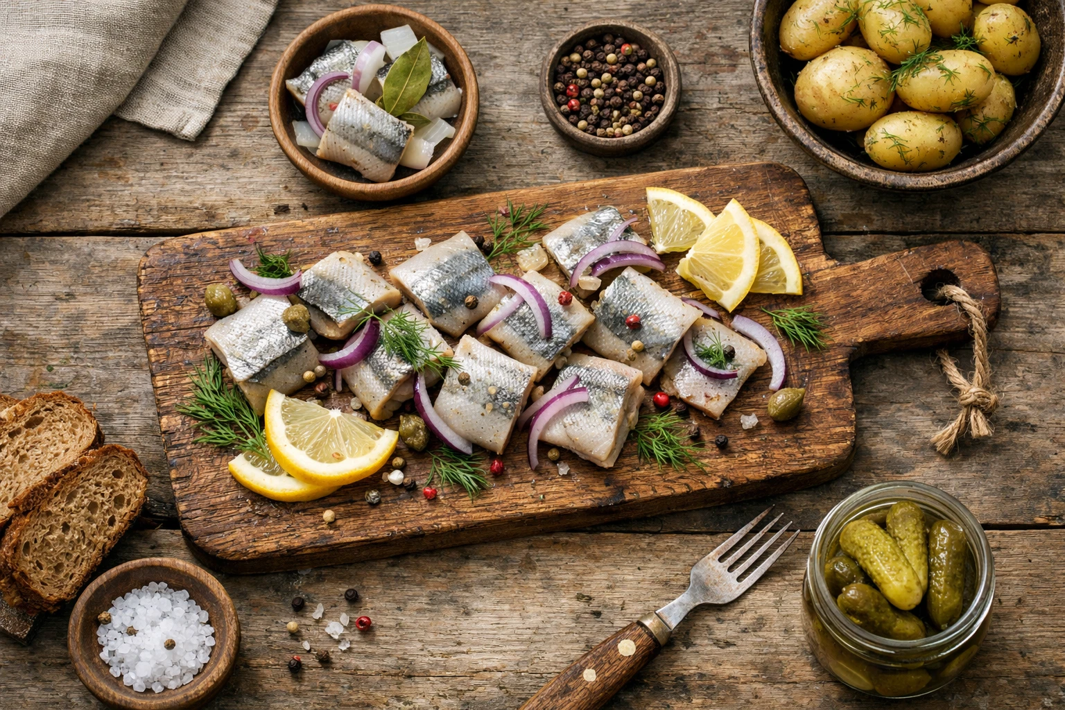 ताज़ा पिकल्ड हेरिंग rustic wooden table पर - 100g में 220 कैलोरी