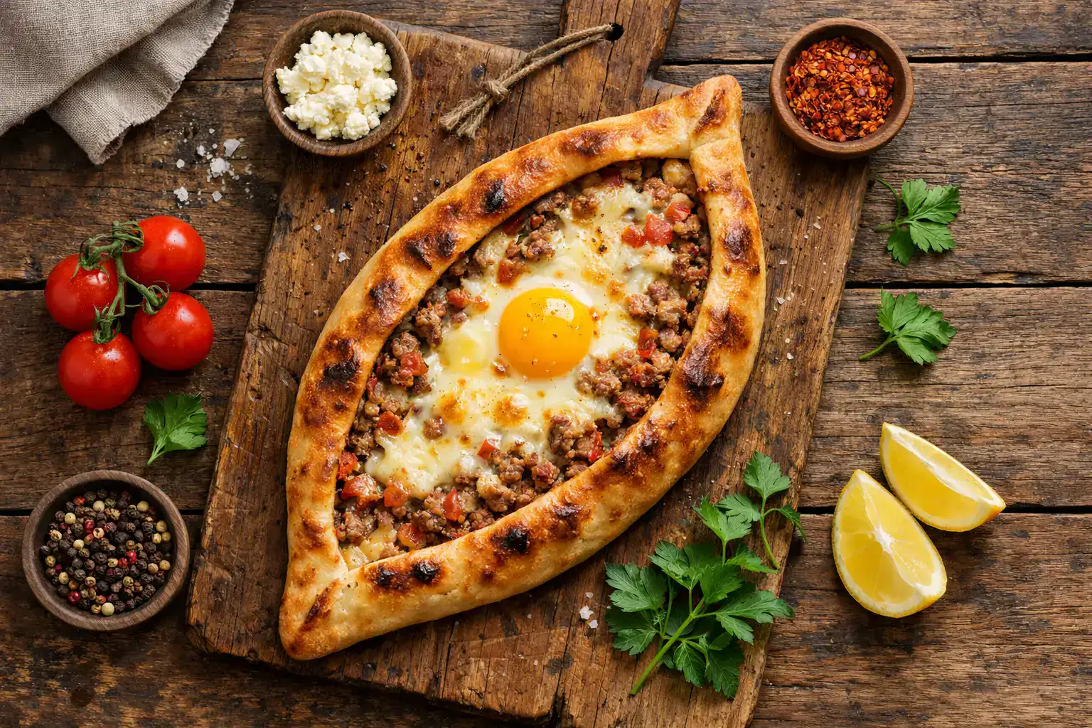 Pide turc frais sur table en bois rustique - 260 calories pour 100g
