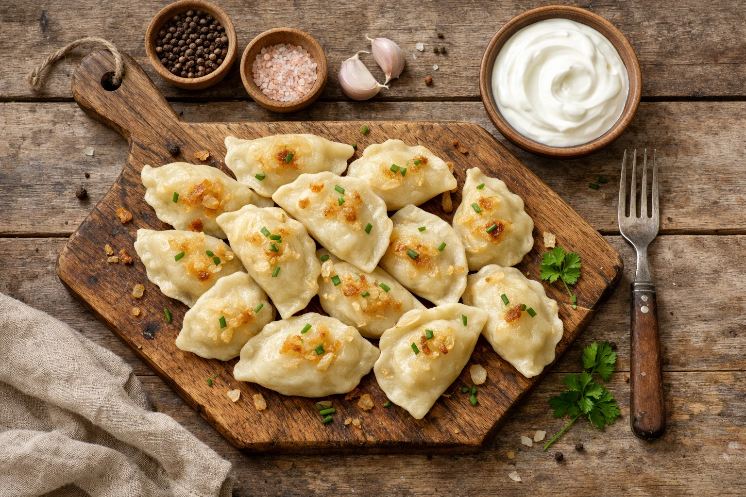 Fresh pierogi on rustic wooden table - 210 calories per 3 dumplings