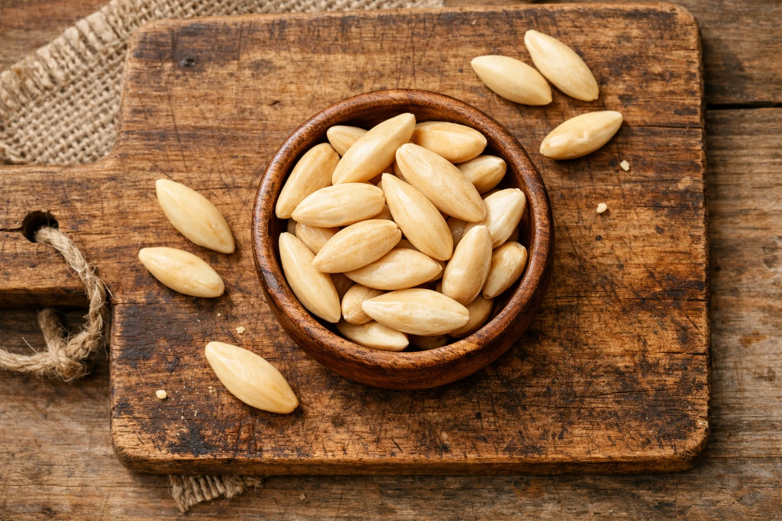 Nueces de pili sobre tabla de madera - 190 calorías por onza