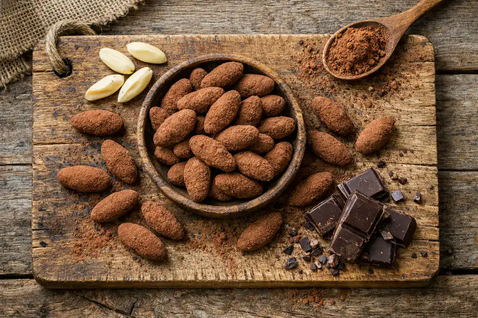 Noix de pili cacao fraîches sur table rustique en bois - 210 calories par portion de 28 g