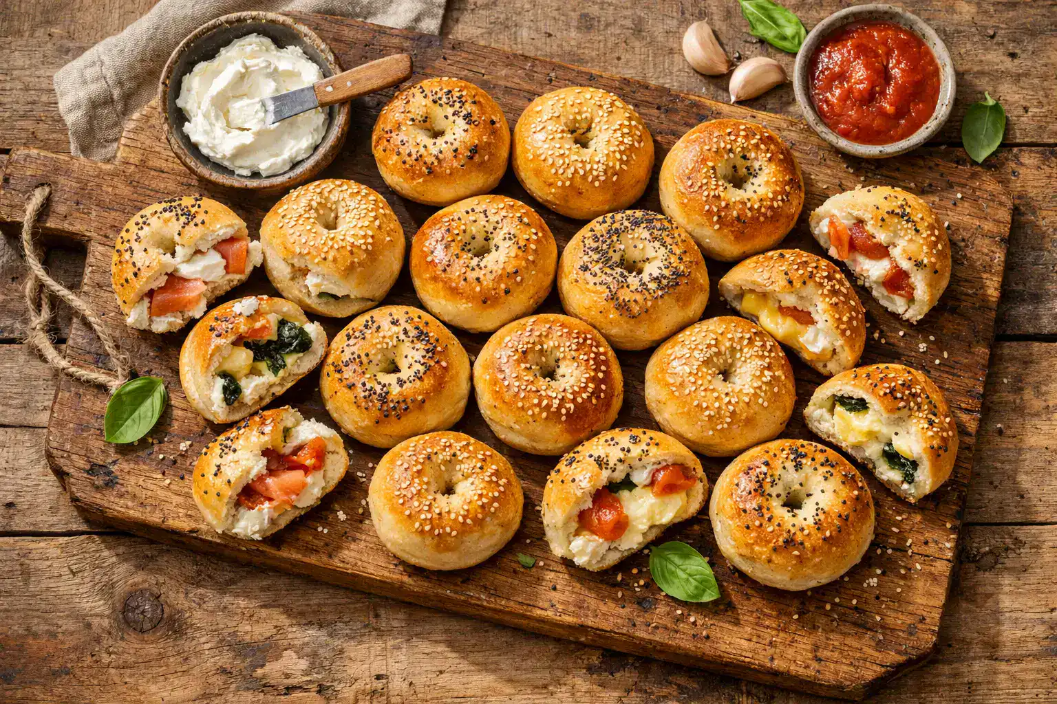 Fresh Pillsbury Stuffed Mini Bagels on rustic wooden table - 230 calories per serving