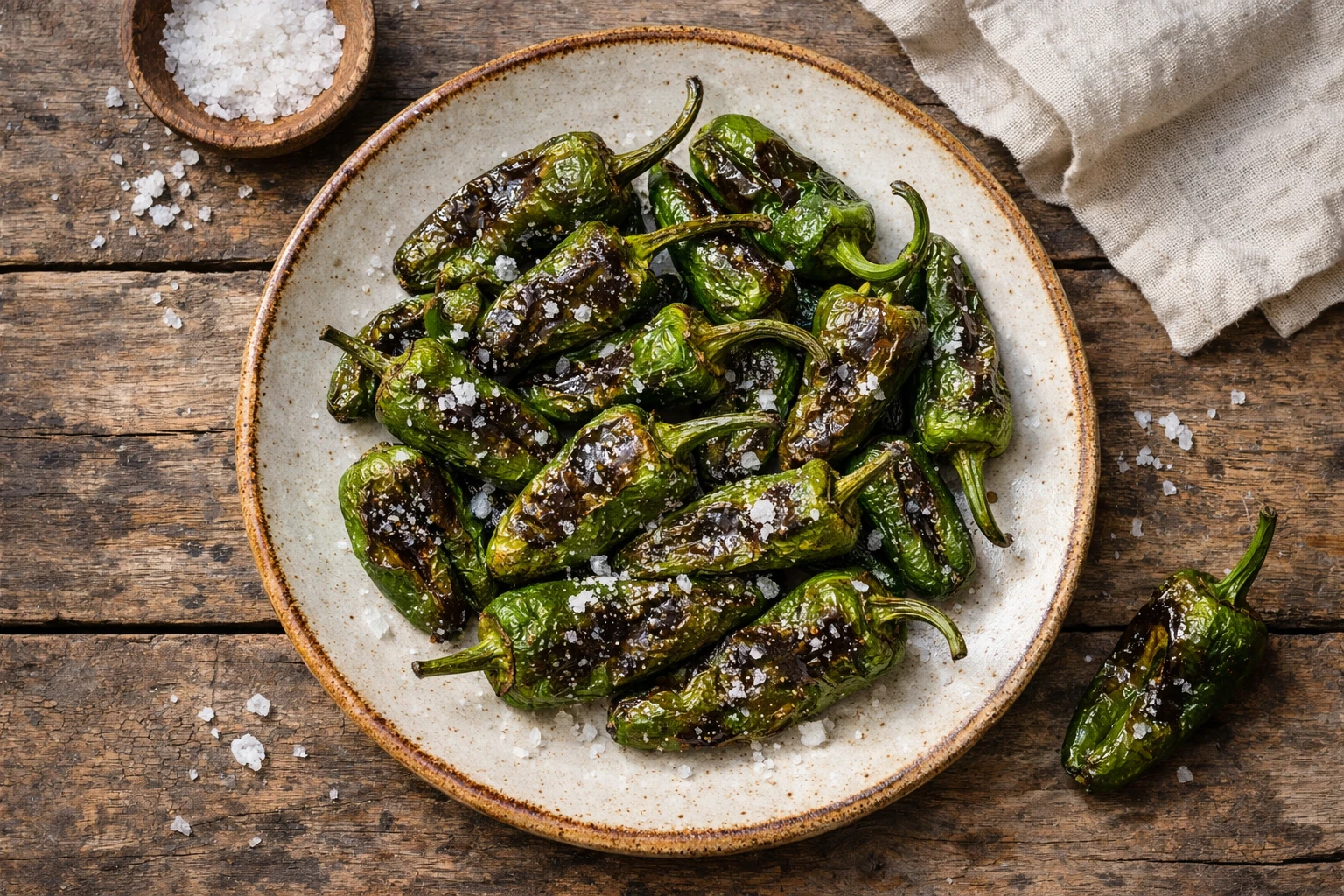 Fresh pimientos de padrón on rustic wooden table - 40 calories per 100g