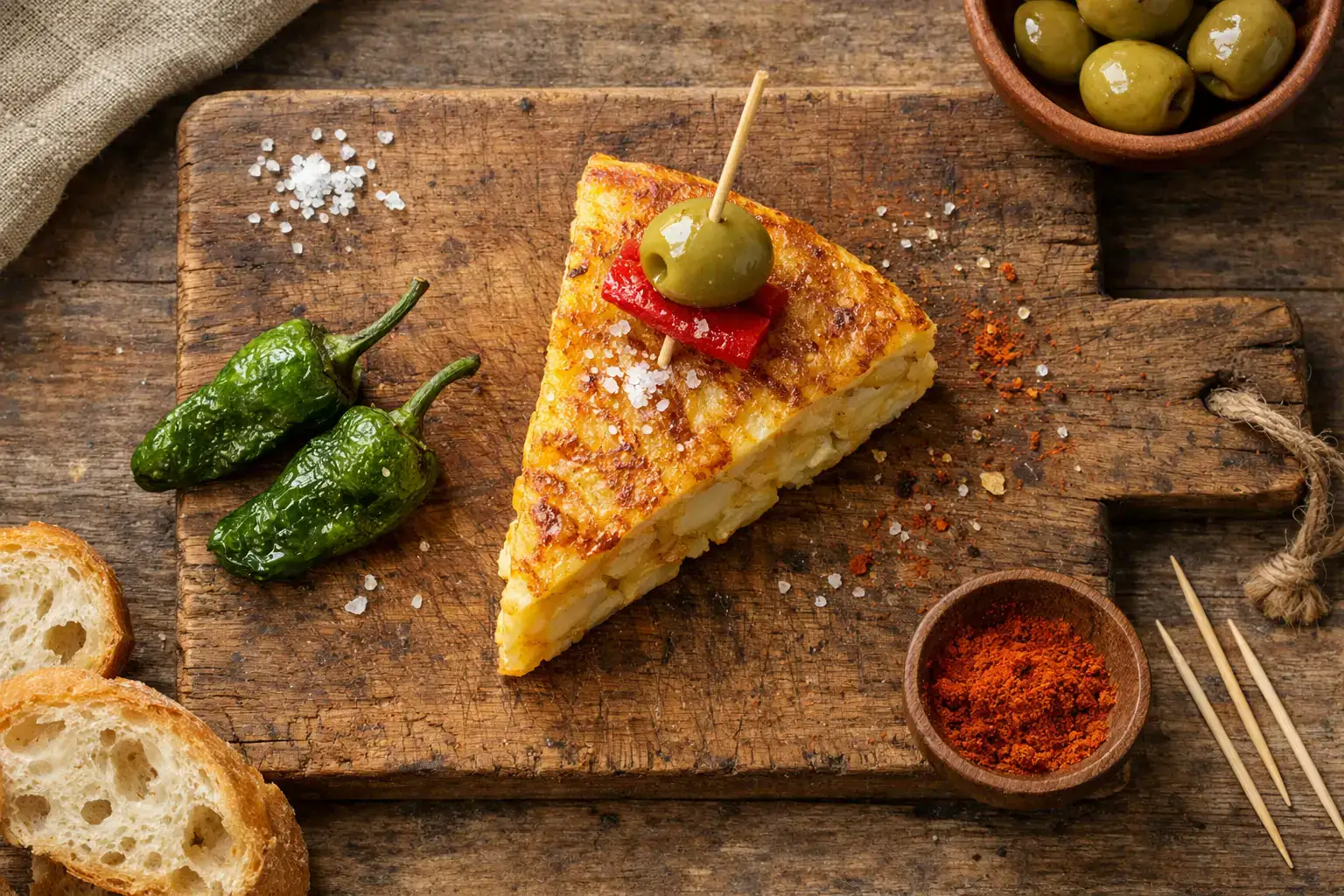Fresh pincho de tortilla on rustic wooden table - 150 calories per slice