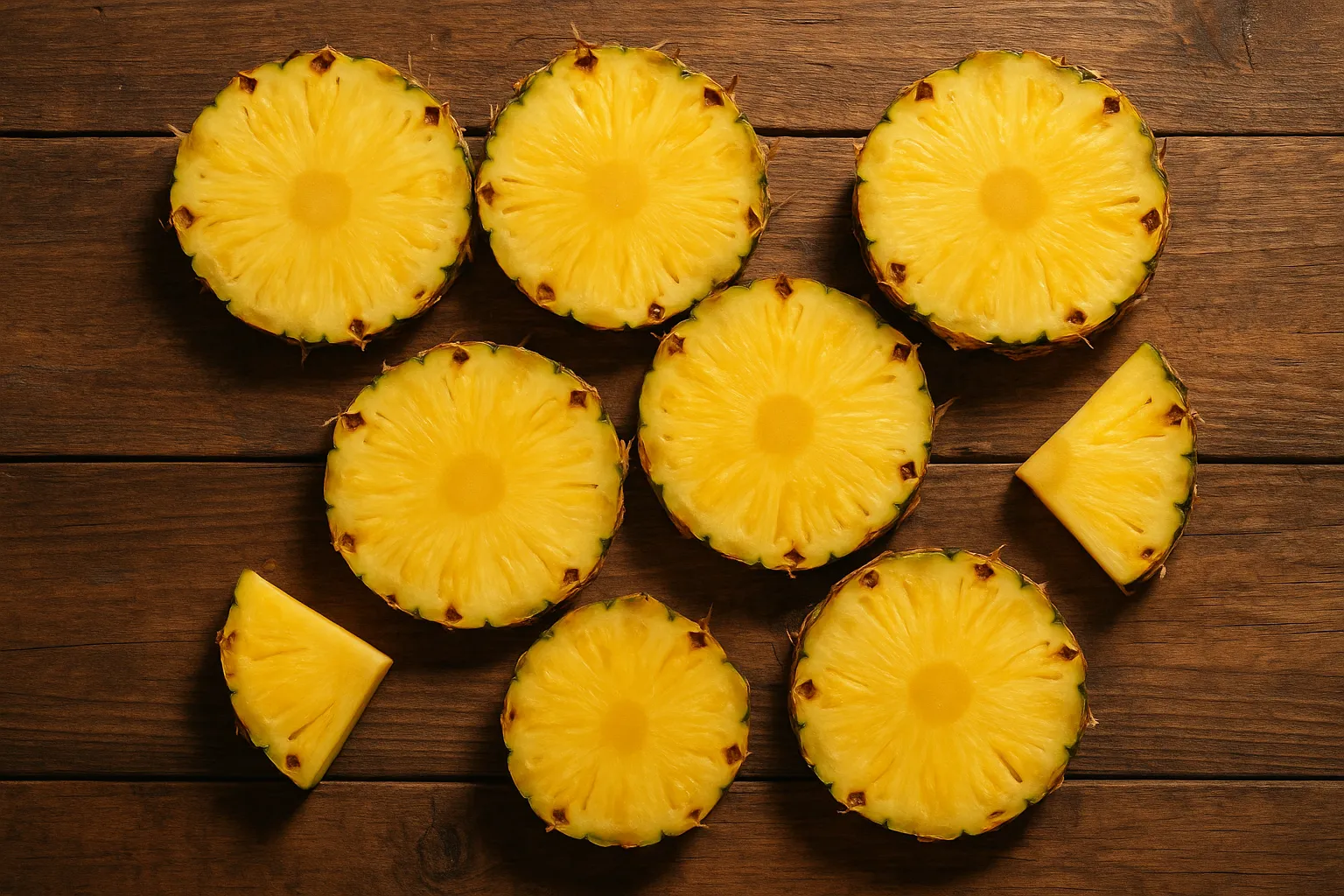 Fresh pineapple on rustic wooden table - 50 calories per 100g