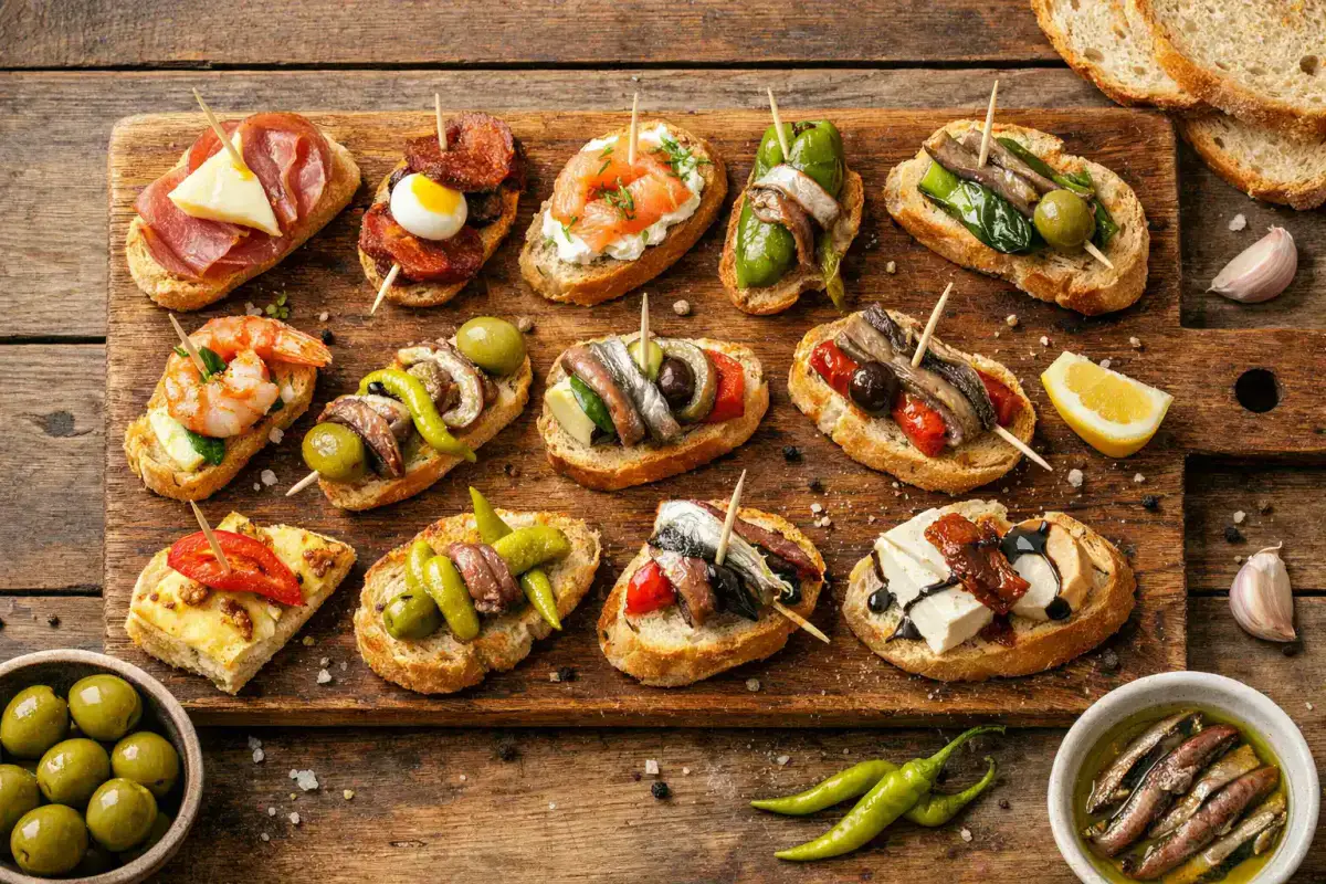 Pintxos vascos frescos sobre tabla de madera rústica - 100-150 calorías por pieza