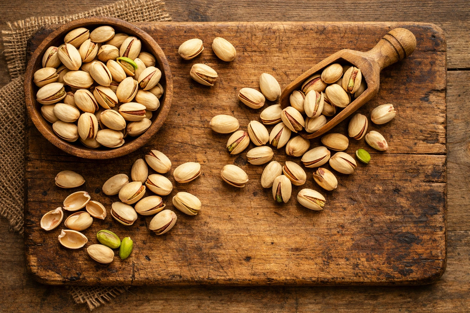 Pistachos frescos con cáscara sobre mesa rústica de madera - 562 calorías por 100 g