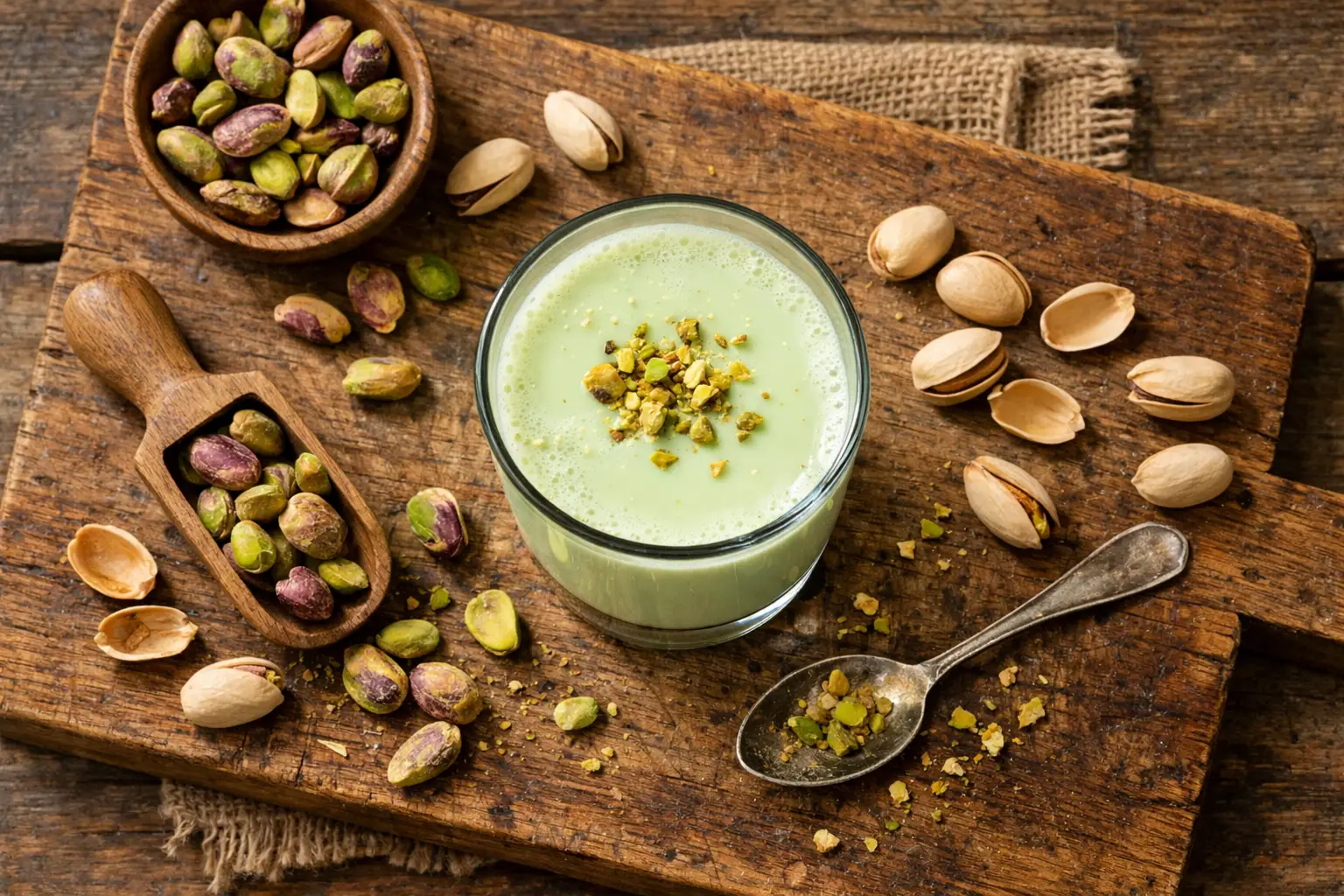 Leche de pistacho fresca sobre mesa rústica de madera - 60 calorías por taza
