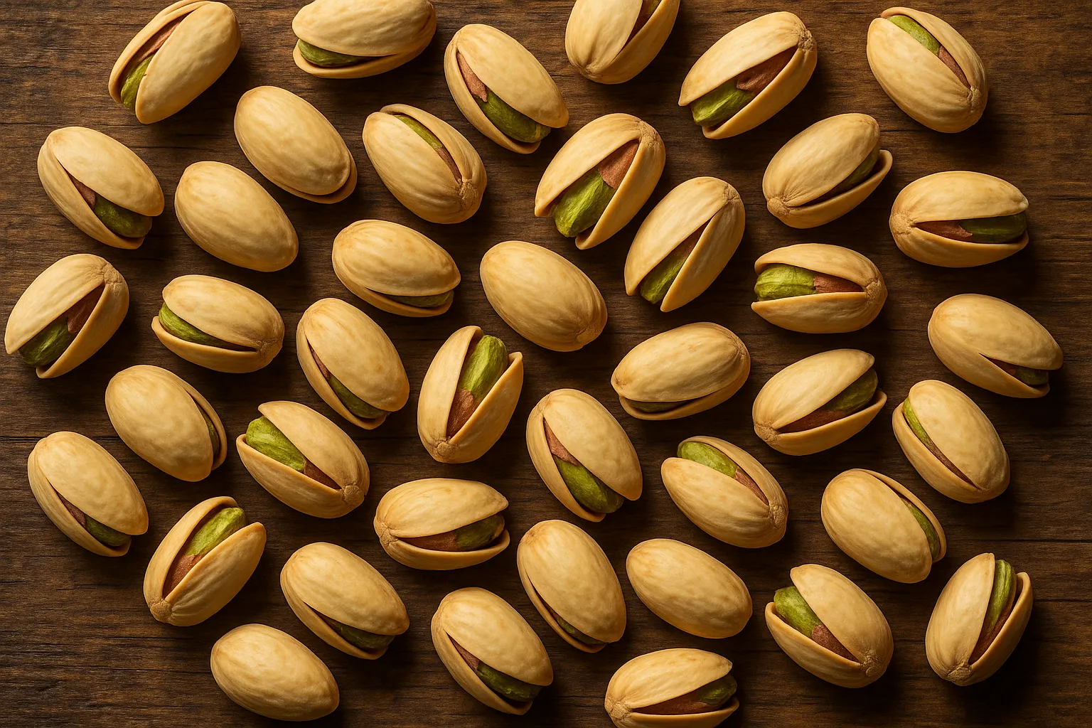 Fresh pistachios on rustic wooden table - 159 calories per ounce