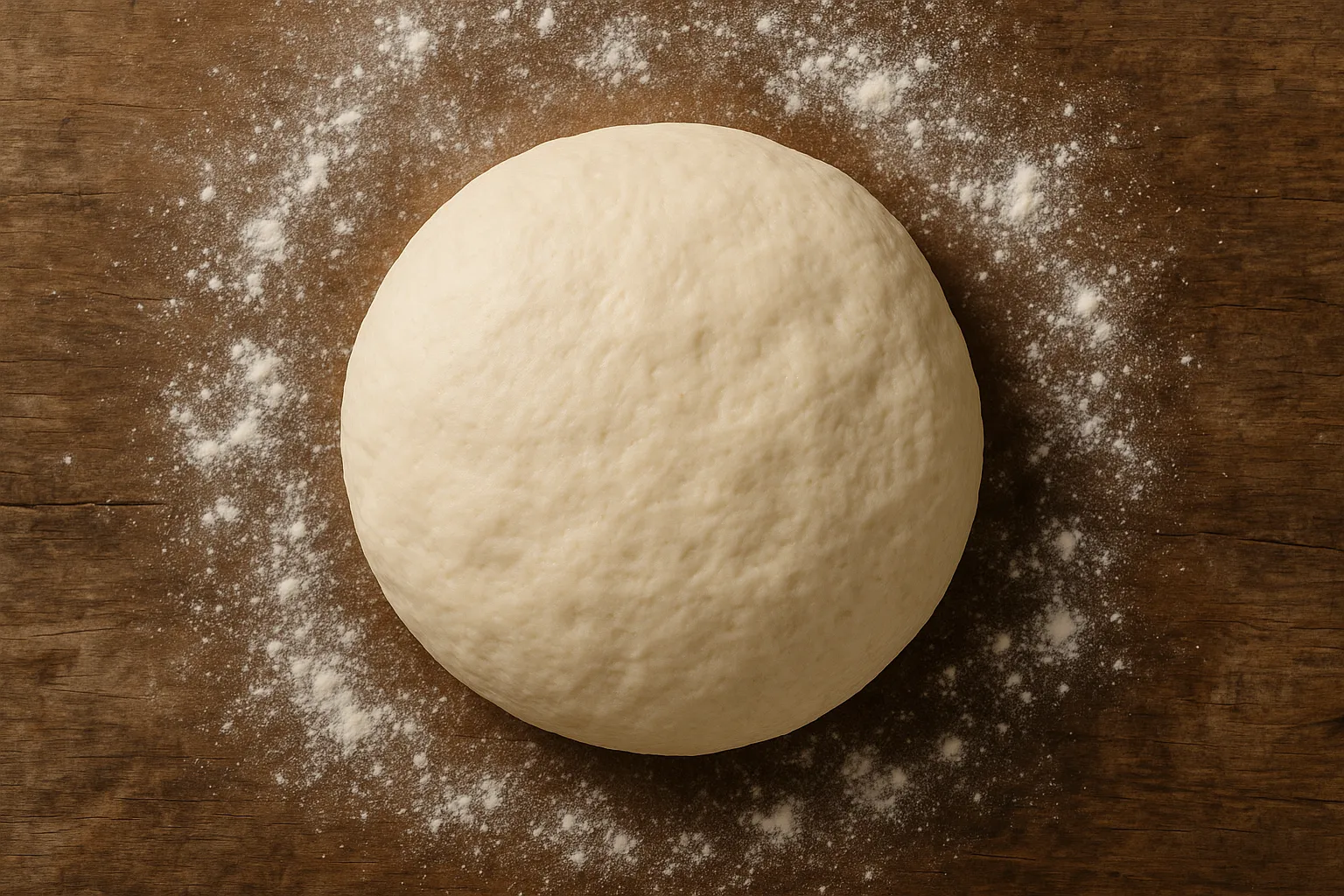 Fresh pizza base on rustic wooden table - 265 calories per 100g