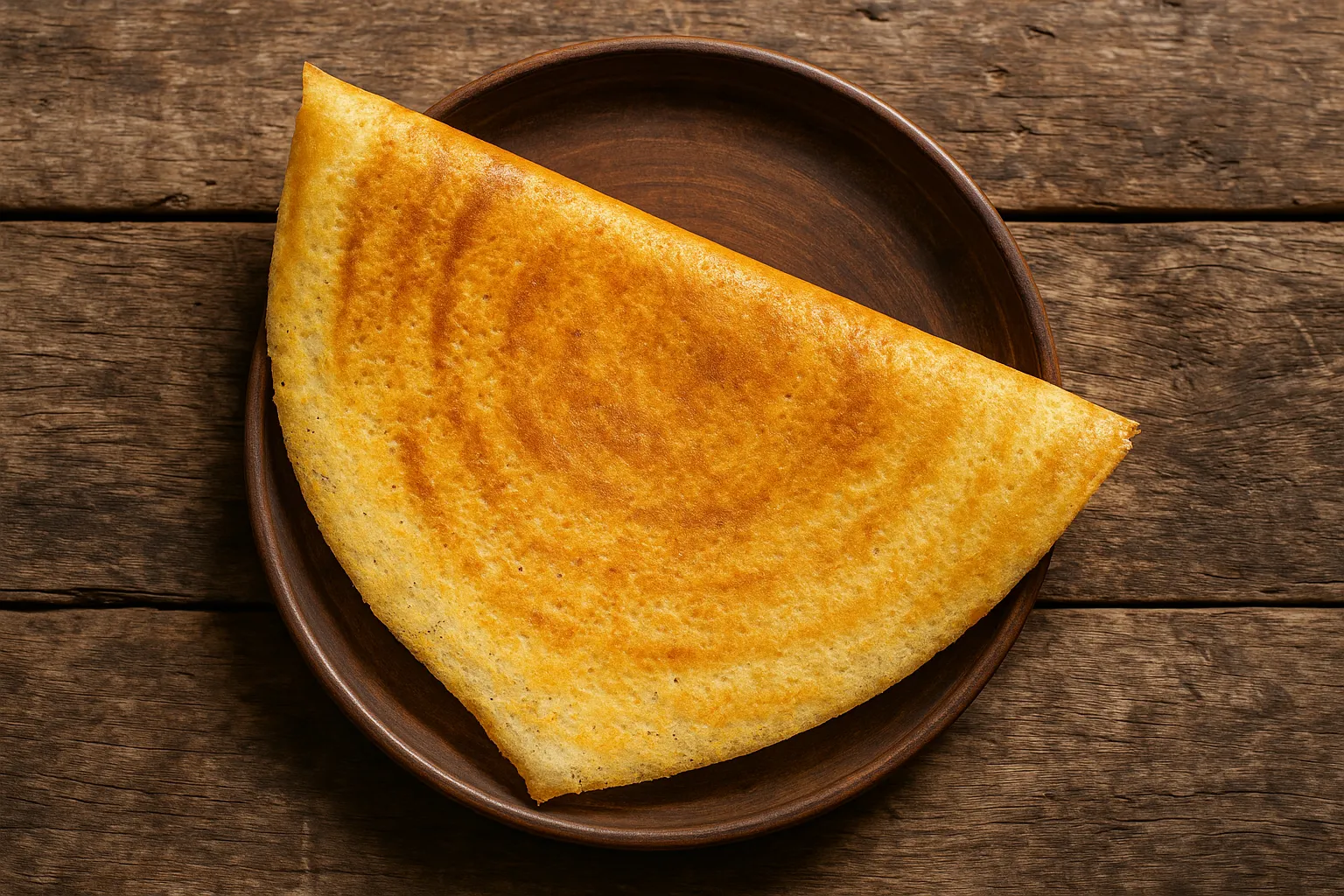 Golden crispy plain dosa on traditional plate - 168 calories per medium dosa