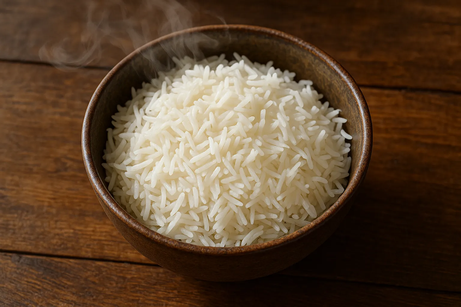 Fresh plain rice on rustic wooden table - 130 calories per 100g