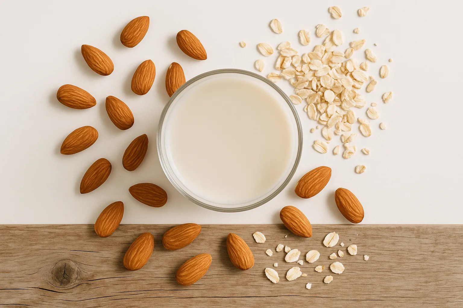 Fresh plant based milk on rustic wooden table - 37 calories per cup