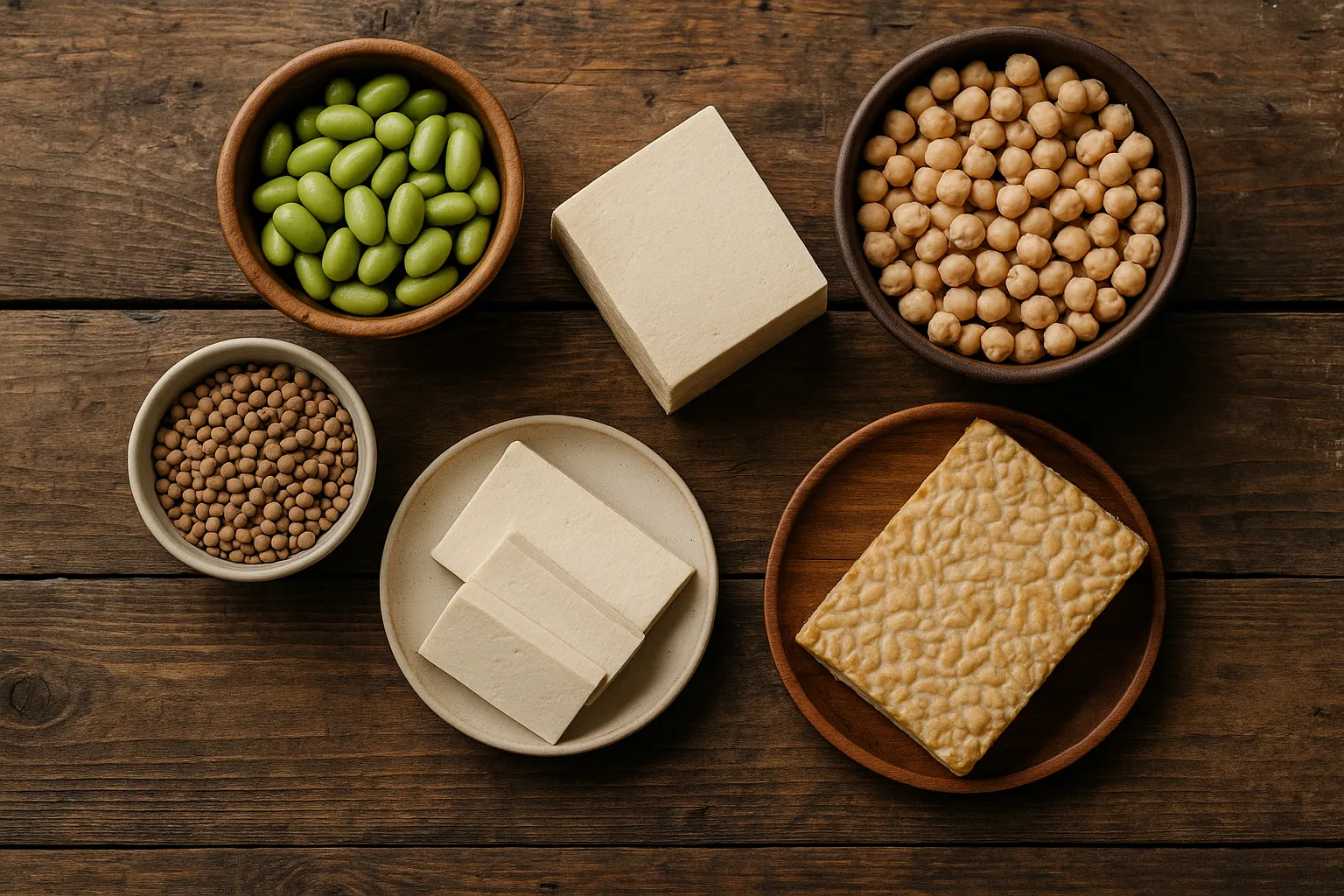 Fresh plant protein sources on rustic wooden table - 144 calories per 100g tofu