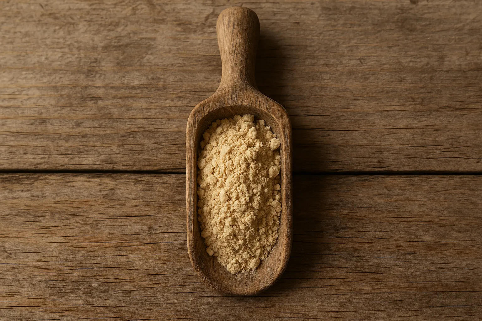 Protéine végétale en poudre fraîche sur table rustique en bois - 120 calories par cuillère de 30g