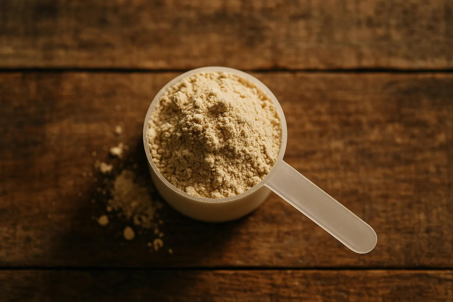 Fresh plant protein scoop on rustic wooden table - 120 calories per scoop