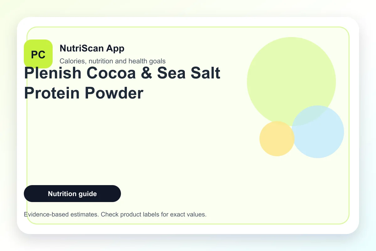 Plenish Cocoa & Sea Salt Clean Protein Powder pouch on a wooden surface with raw cocoa nibs and sea salt flakes