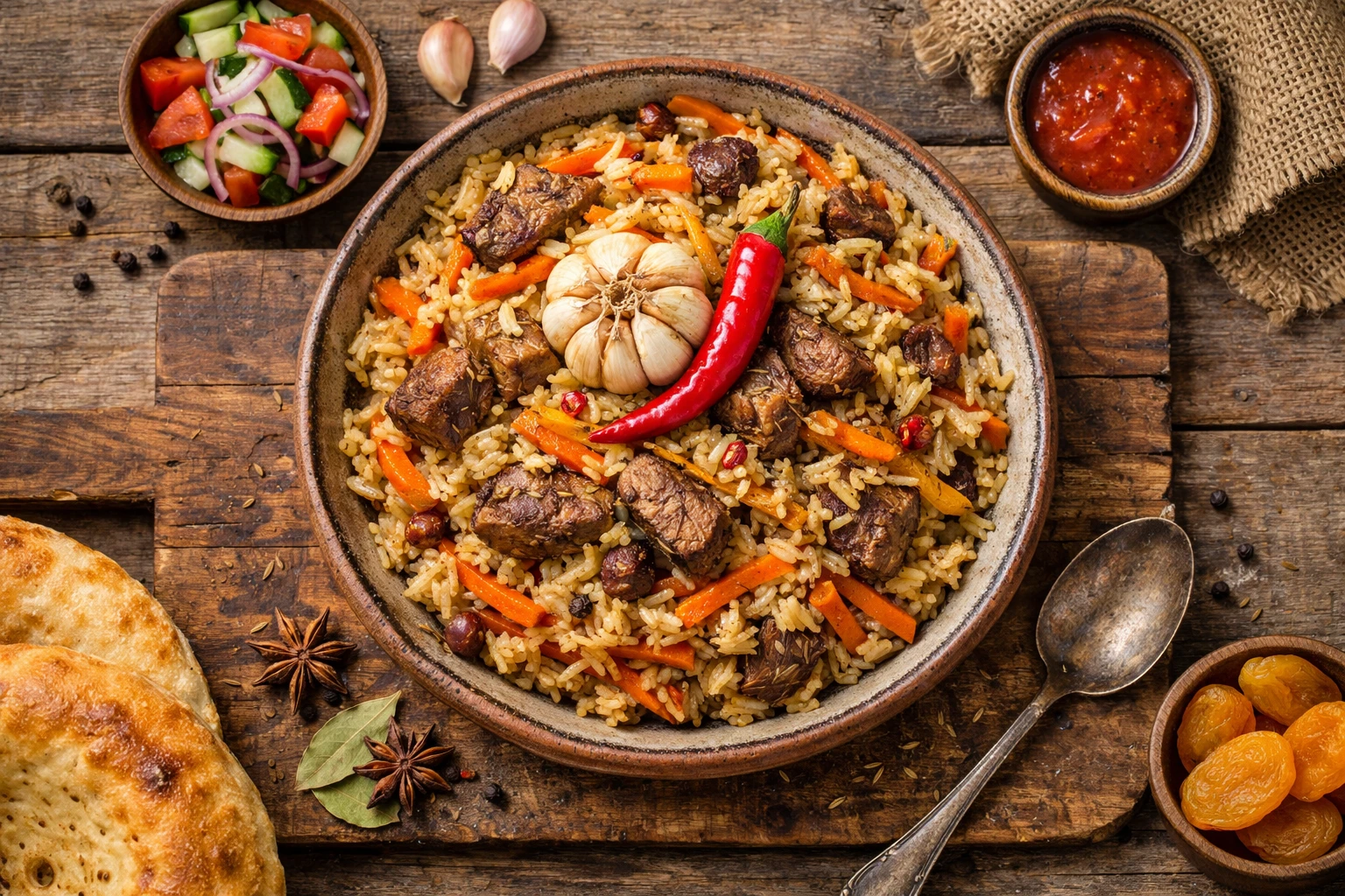 Fresh Uzbek plov rice pilaf on rustic wooden table - 350 calories per serving