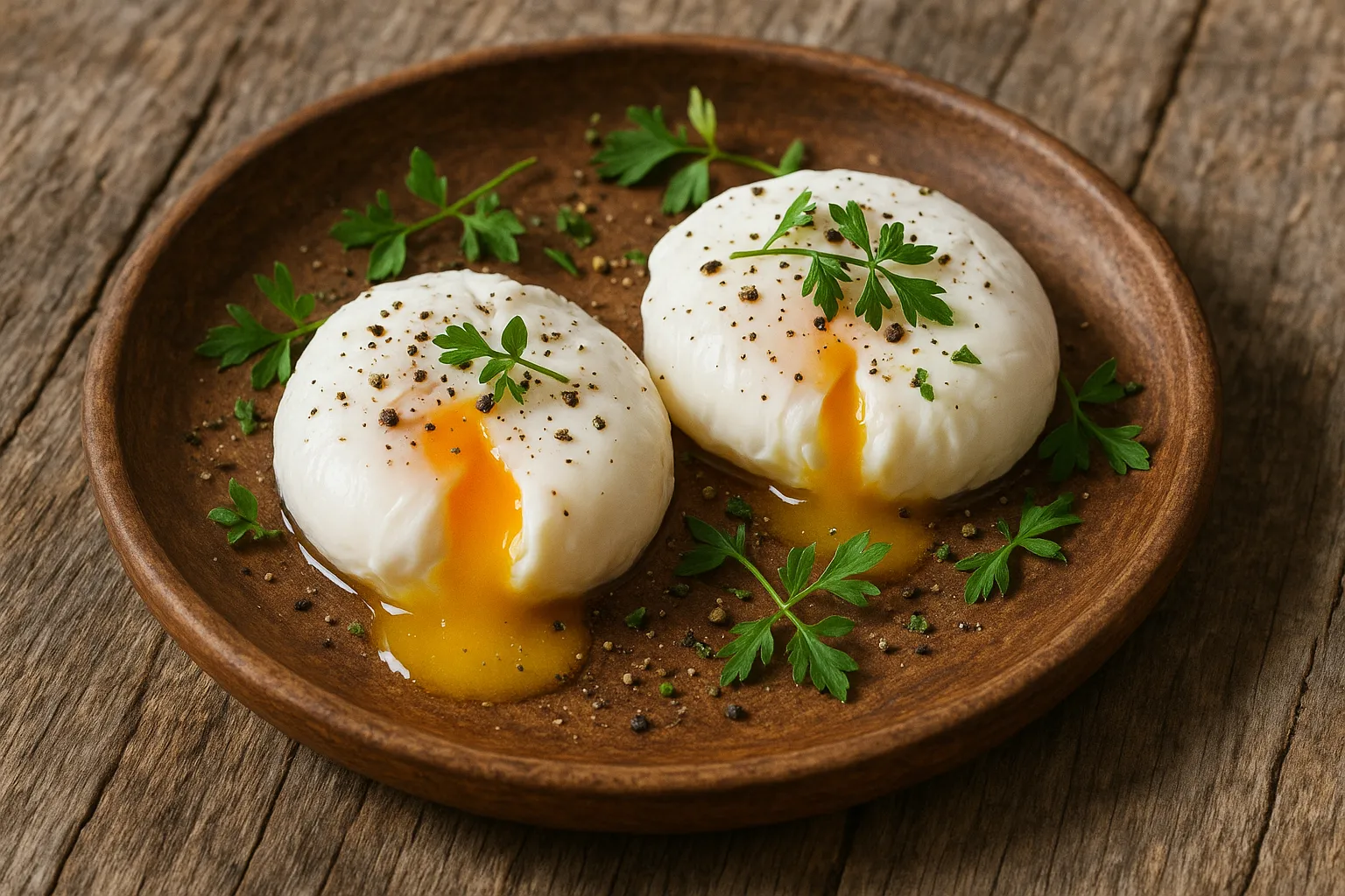 Fresh poached eggs on rustic wooden table - 143 calories per 2 eggs