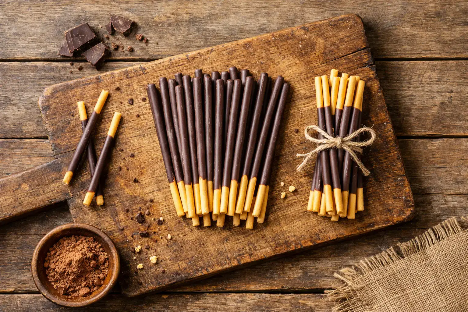 Fresh Pocky chocolate sticks on rustic wooden table - 200 calories per 40g pack
