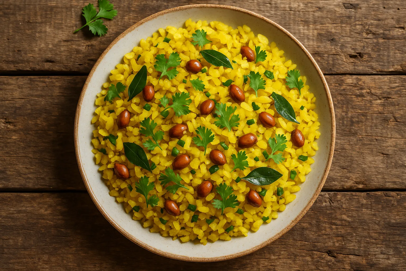 Fresh poha on rustic wooden table - 250 calories per cup