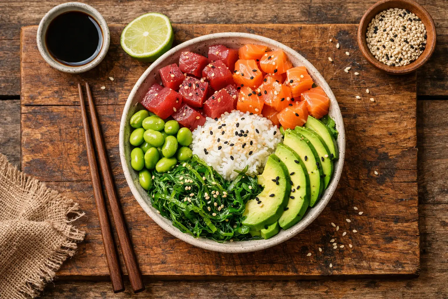 Frische Poke Bowl auf rustikalem Holztisch - 470 Kalorien pro große Bowl