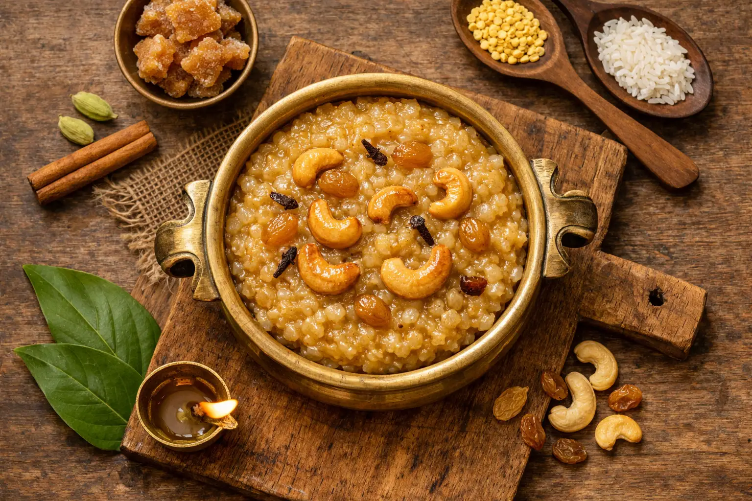 Fresh sweet pongal on rustic wooden table - 340 calories per serving