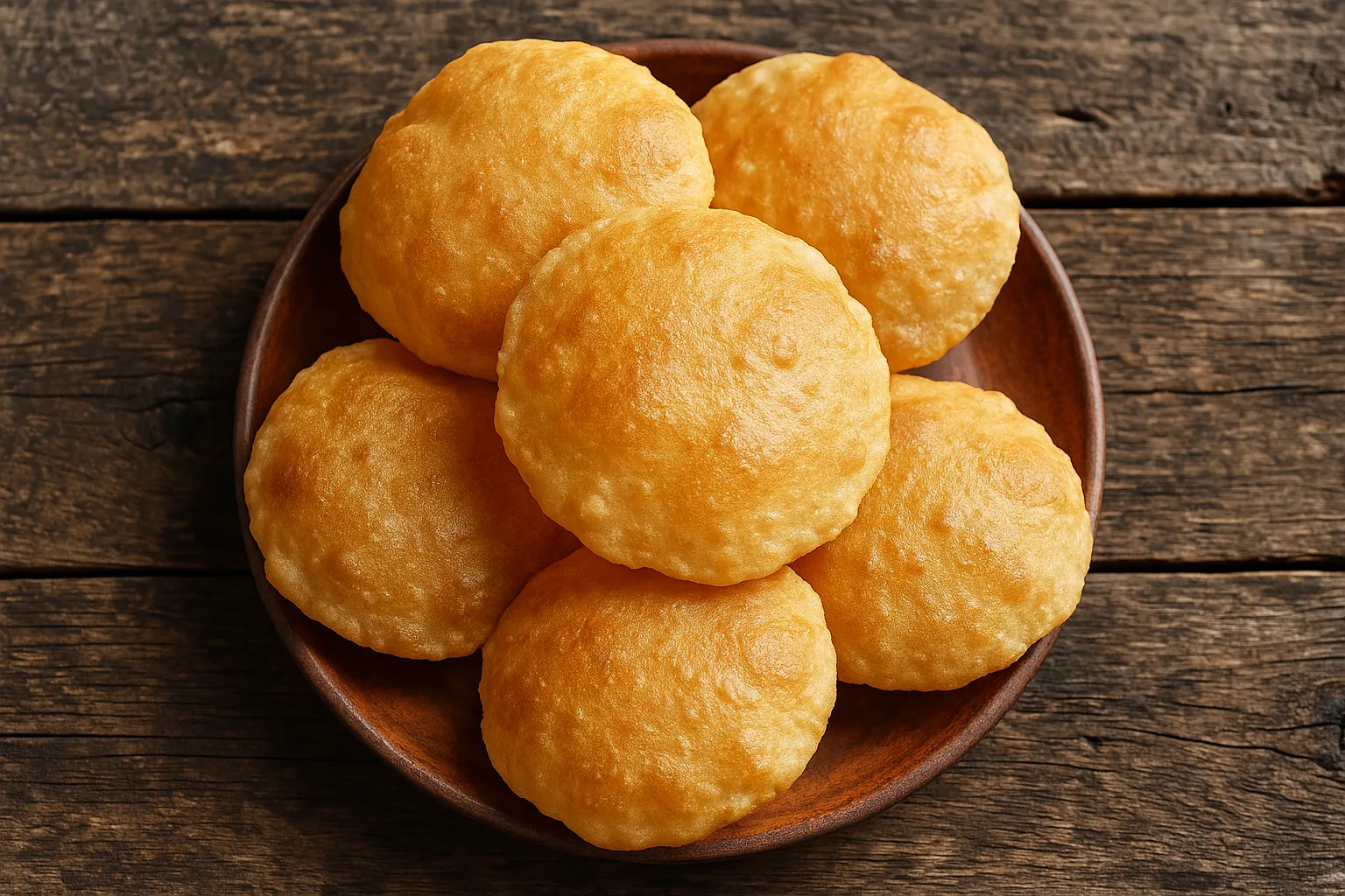 Fresh poori (puri) Indian fried bread on rustic wooden table - 107 calories per piece