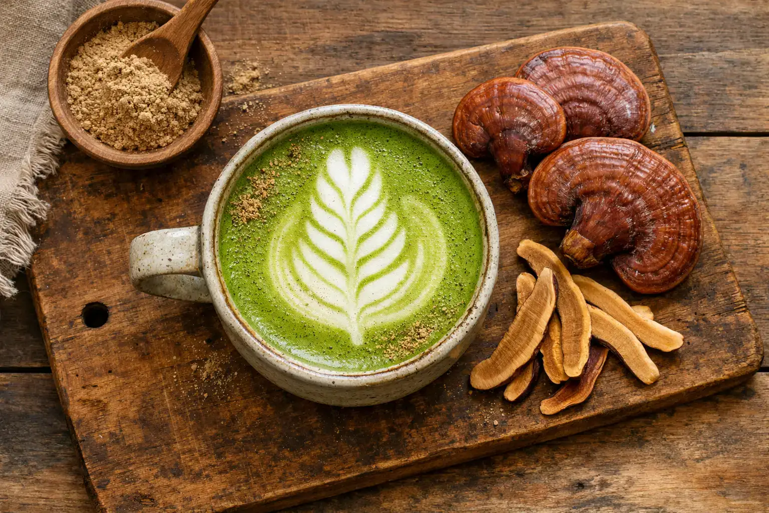 Fresh matcha latte with mushrooms on rustic wooden table - 110 calories per 8 fl oz can