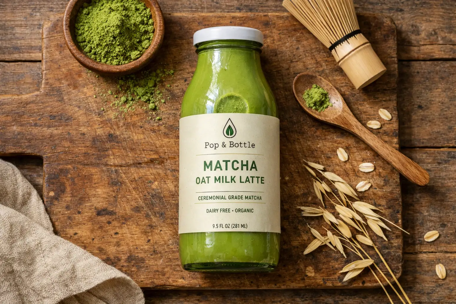 Pop & Bottle Matcha Oat Milk Latte frais sur table en bois rustique - 110 calories par bouteille de 237 ml