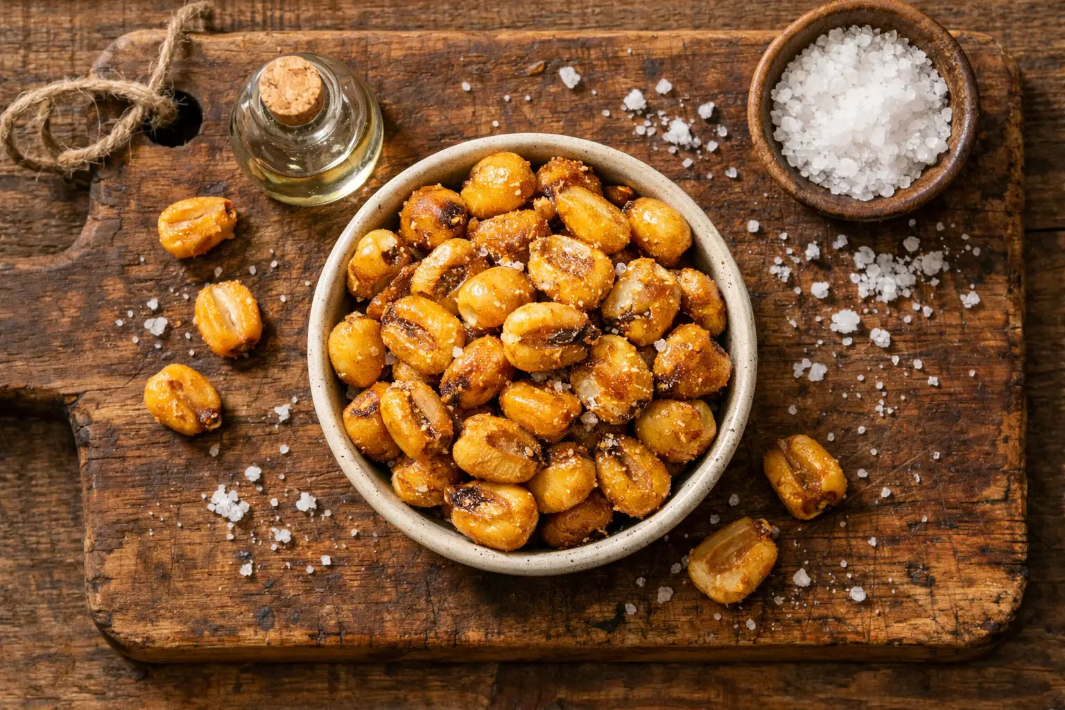 Grains de maïs géant grillés avec assaisonnement sel et vinaigre sur une table en bois rustique - 130 calories par portion de 30 g