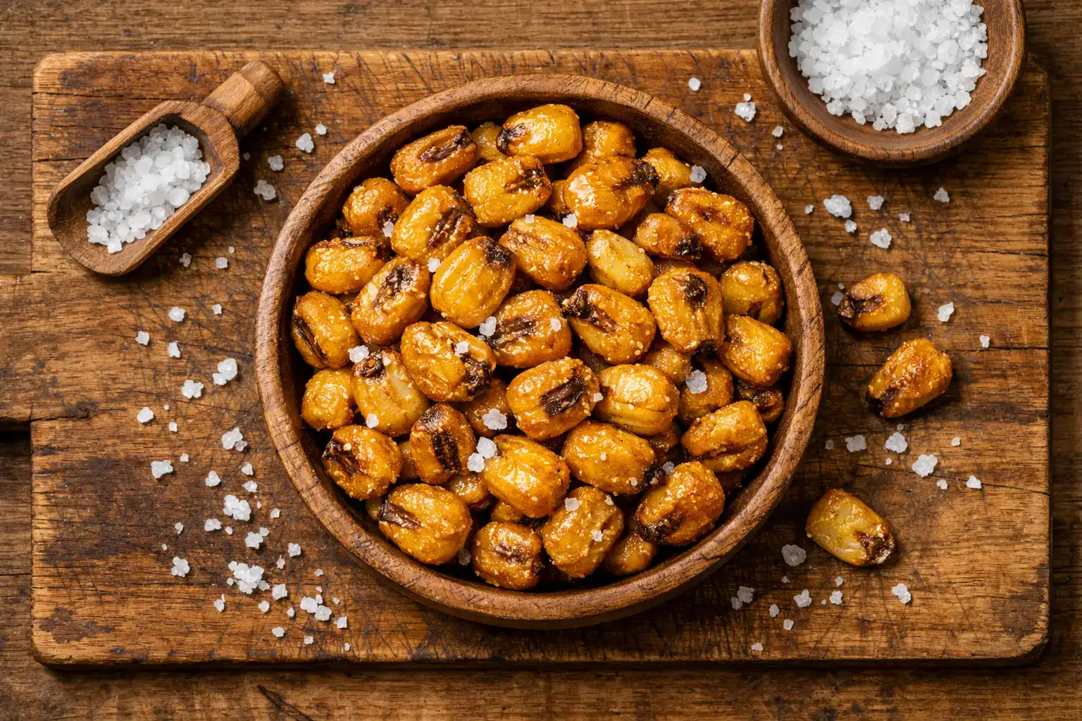 रस्टिक लकड़ी की टेबल पर सी सॉल्ट के साथ रोस्टेड जायंट कॉर्न कर्नल्स - 30g सर्विंग में 130 कैलोरी