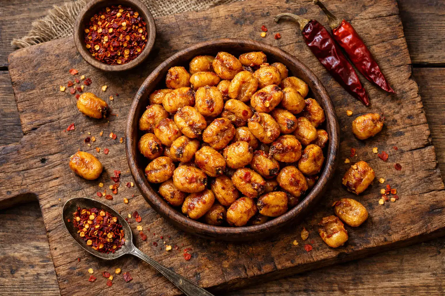 Grains de maïs géant torréfiés au piment épicé avec flocons de piment rouge sur table en bois rustique - 130 calories par portion de 30 g