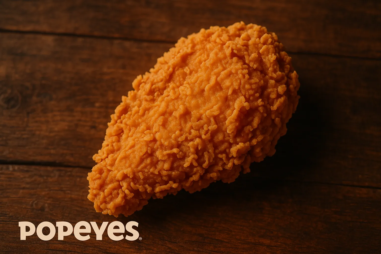 Fresh Popeyes fried chicken breast on rustic wooden table - 380 calories per piece