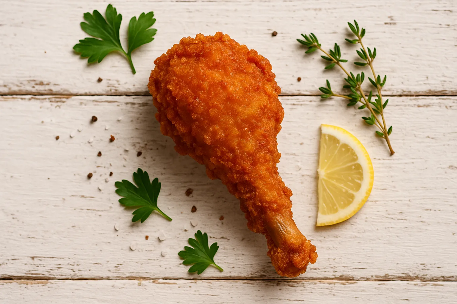 Fresh Popeyes chicken drumstick on rustic wooden table - 170 calories per piece