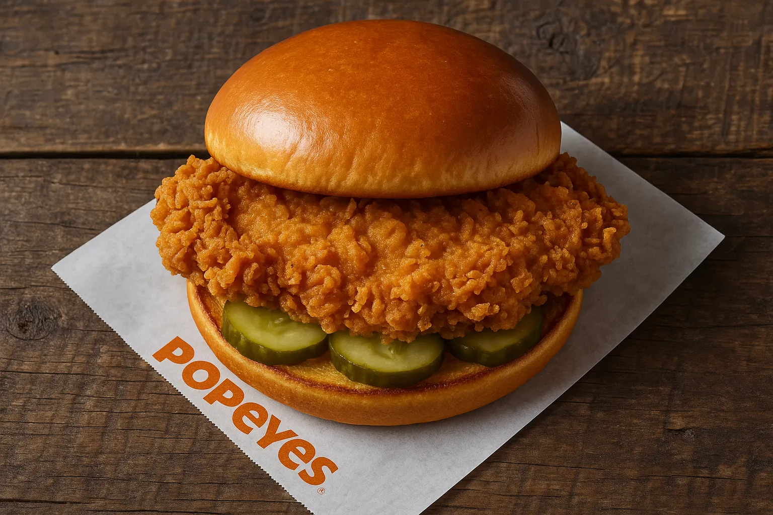 Fresh Popeyes chicken sandwich on rustic wooden table - 700 calories per sandwich