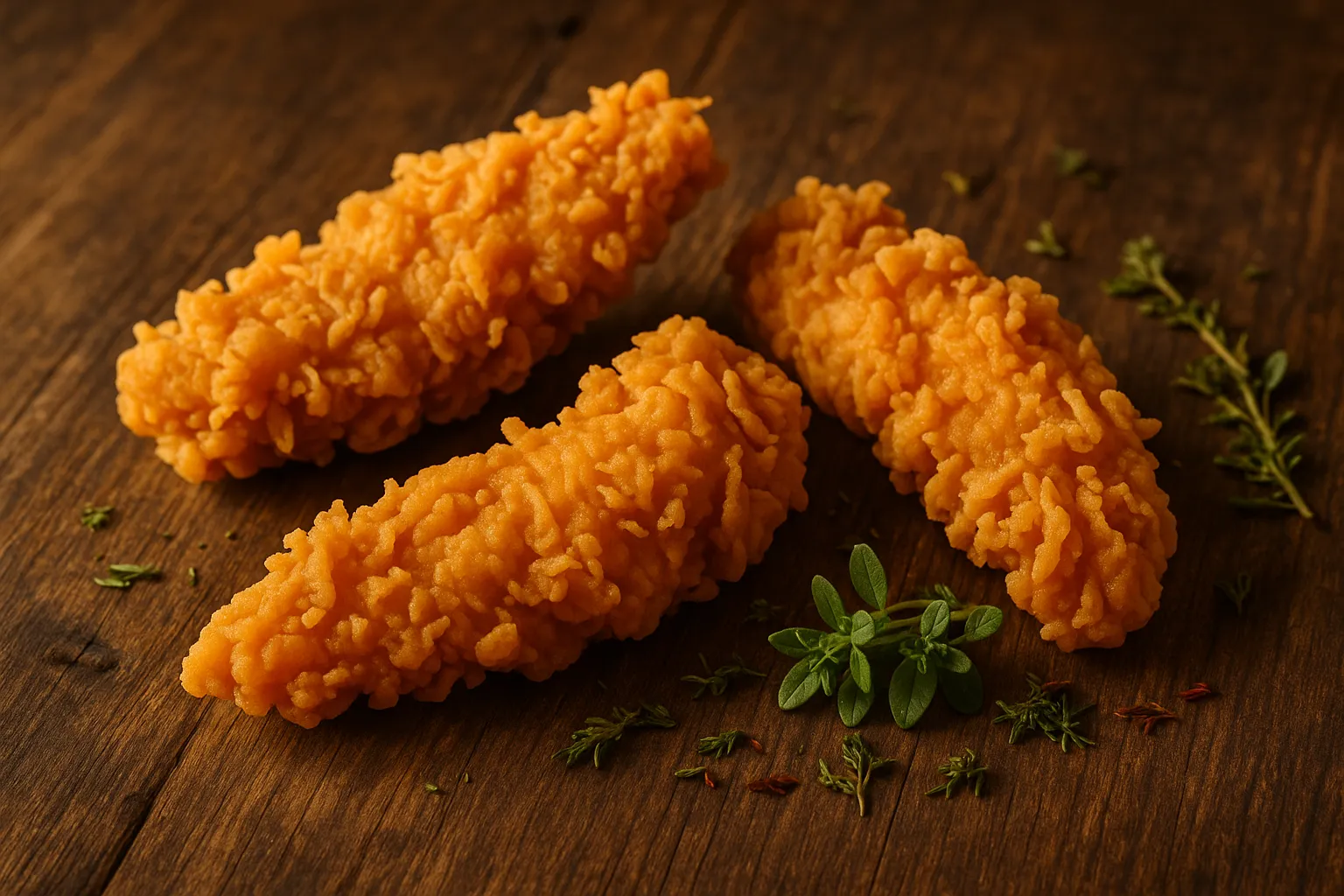 Fresh Popeyes chicken tenders on rustic wooden table - 390 calories per 3-piece serving