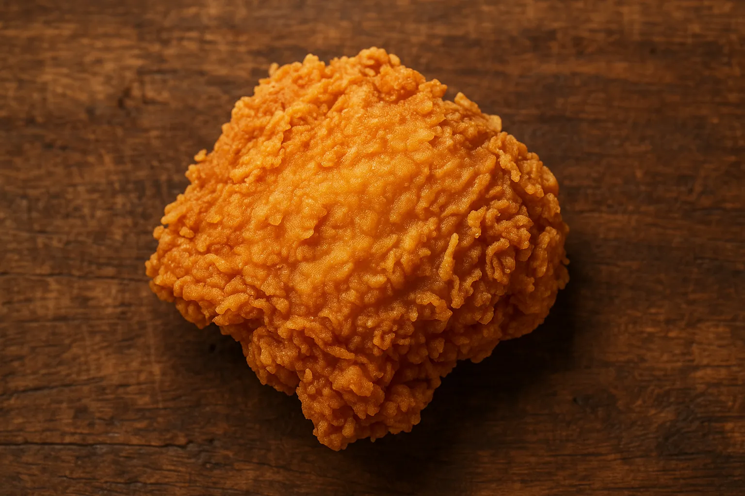 Fresh Popeyes fried chicken thigh on rustic wooden table - 280 calories per piece