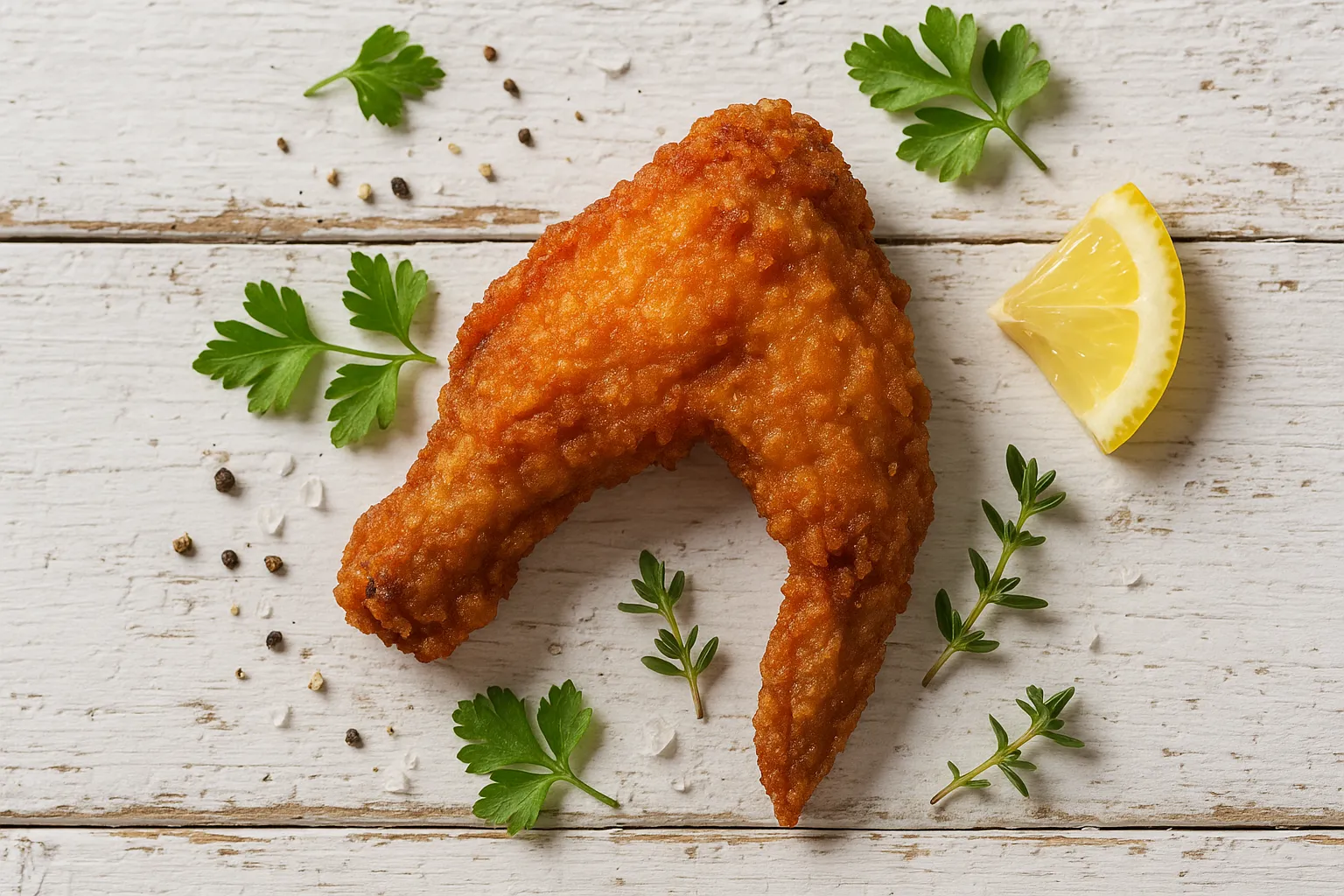 Fresh Popeyes chicken wing on rustic wooden table - 120 calories per piece