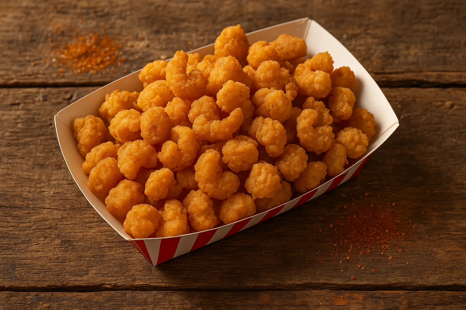 Fresh Popeyes Popcorn Shrimp on rustic wooden table - 231 calories per 113g serving